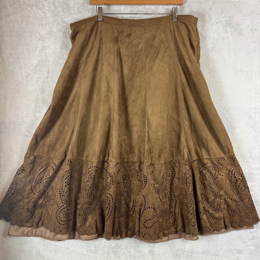 Coldwater Creek Womens 2X Brown Faux Suede Eyelet Paisley Midi Skirt western
